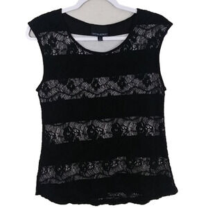 Cynthia Rowley Black Stripe Floral Lace Overlay Scoop Neck Sleeveless Top